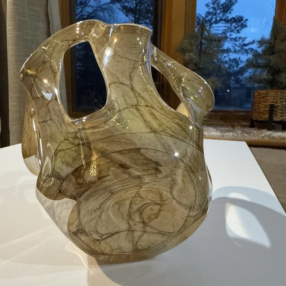 Vtg MAKORA KROSNO Hand Blown Art Glass Vase Earthtones Stone Look Iridescent